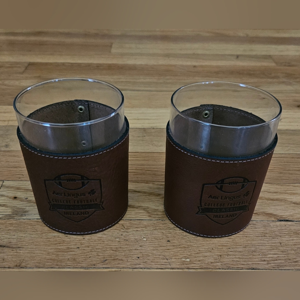 NWOT Clayton & Crume Leather Wrapped Rock Glasses. Set Of 2